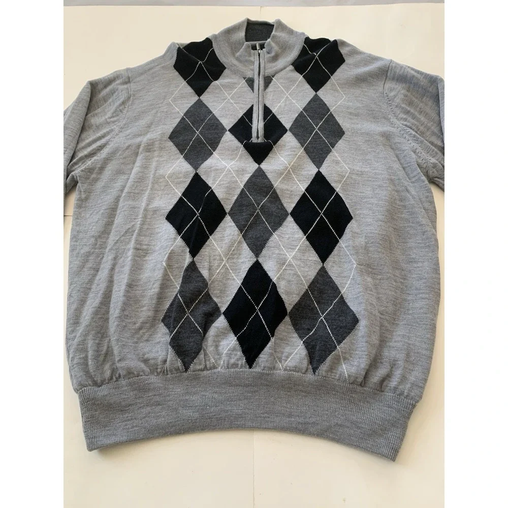 Footjoy Quarter Zip Golf Sweater Mens XXL Gray Black Argyle 100% Wool Logo Lined
